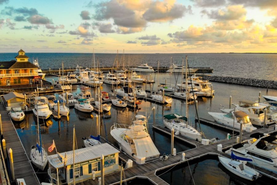 Marina filled with boats at sunset