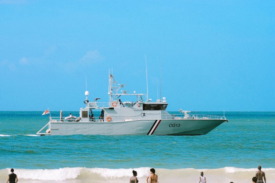 Coast guard patrol boat on blue ocean