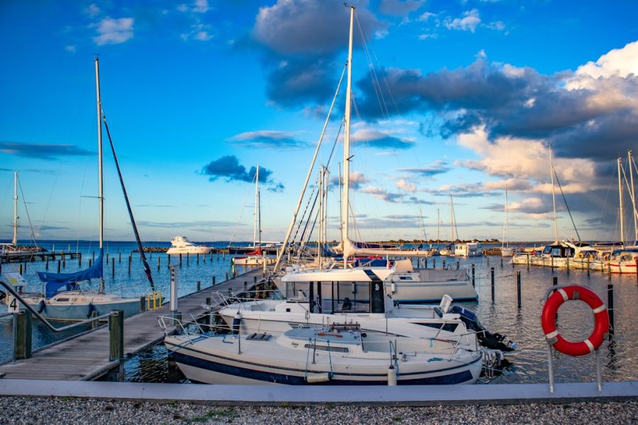 Boats docked at a sunny harbor marina.