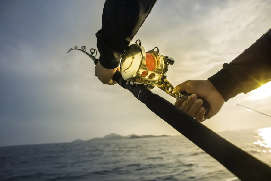 Hands gripping fishing reel on rod at sea