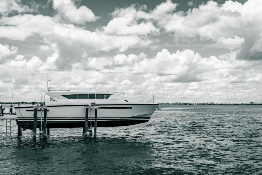 White yacht moored at the pier.