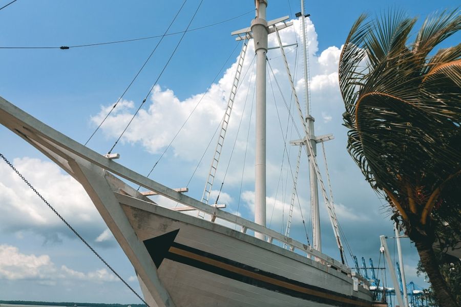 White sailing ship docked beside palm trees