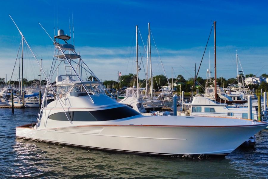 White luxury yacht at marina