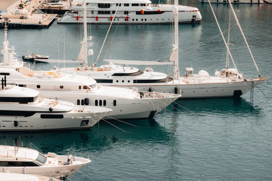 Luxury yachts docked at a marina