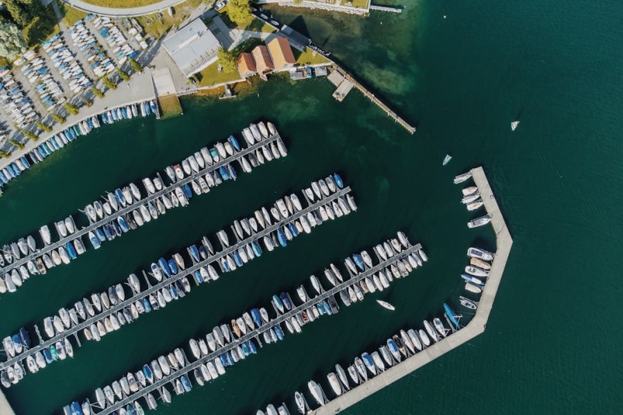 Aerial view of crowded marina with boats