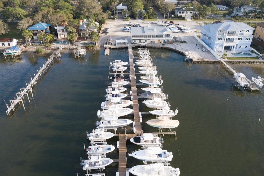 Marina with rows of moored boats