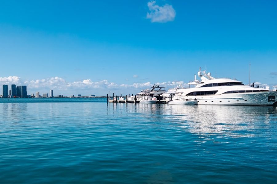 White yacht moored at vibrant marina
