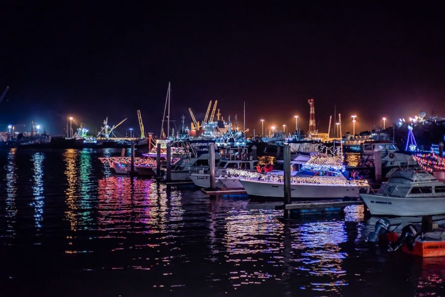 Night marina with colorful boat lights