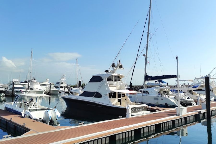 Marina with multiple yachts docked at pier