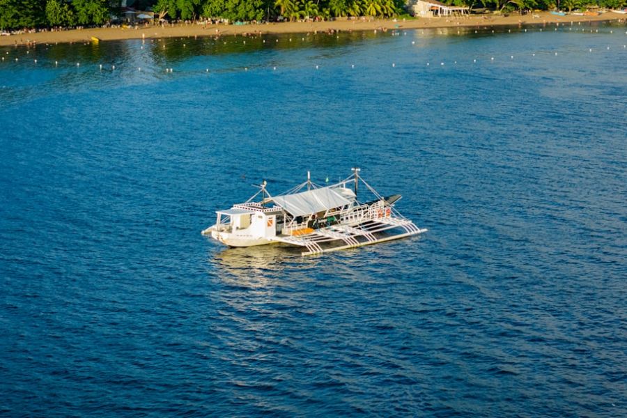 Pontoon boat with canopy on blue water