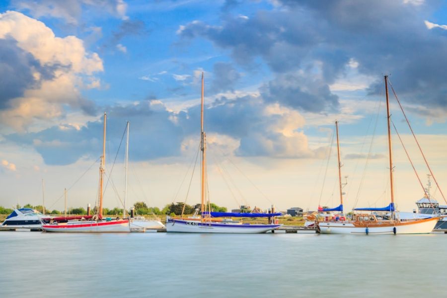 Sailboats moored along calm harbor