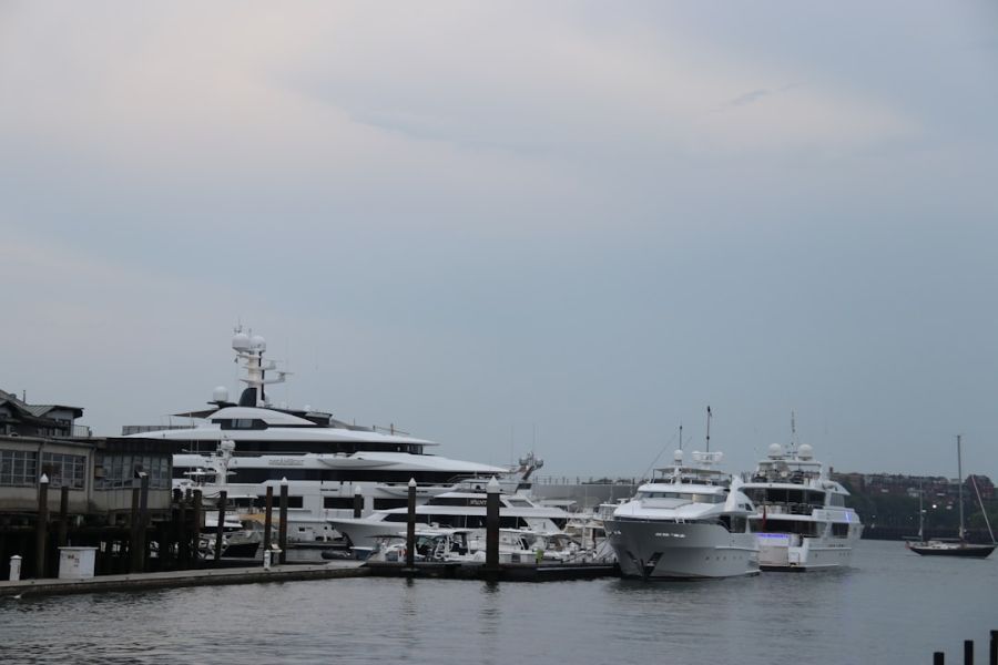 Marina with large luxury yachts docked