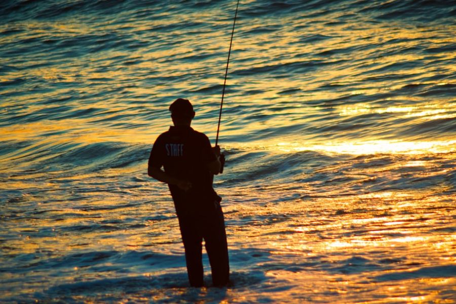 Staff silhouette fishing at sunset.