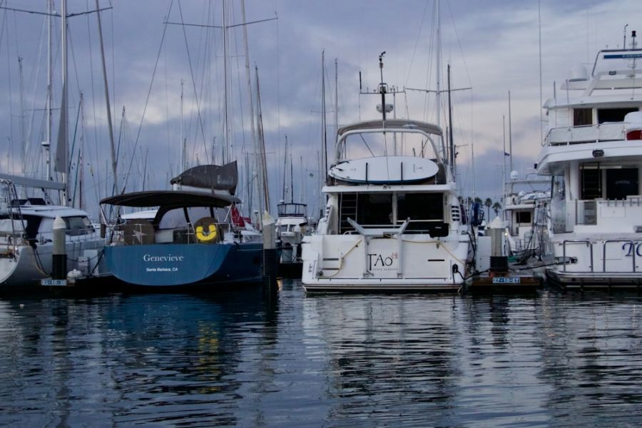 Yachts docked at a busy marina.