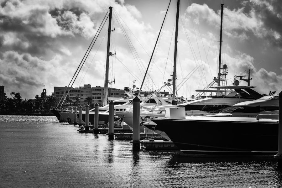 Monochrome yachts docked at marina